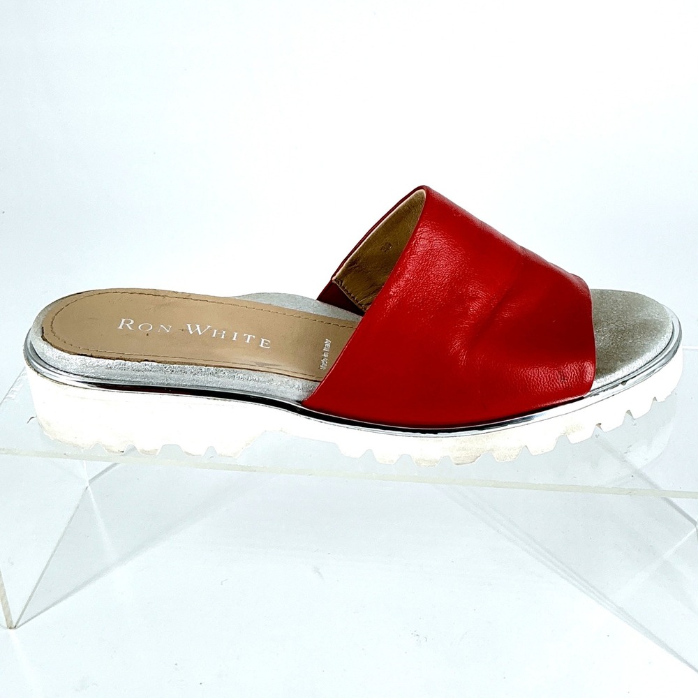 Ron White Size 38 US 7.5 Red Leather Platform Slide Sandals Silver Trim Italy
